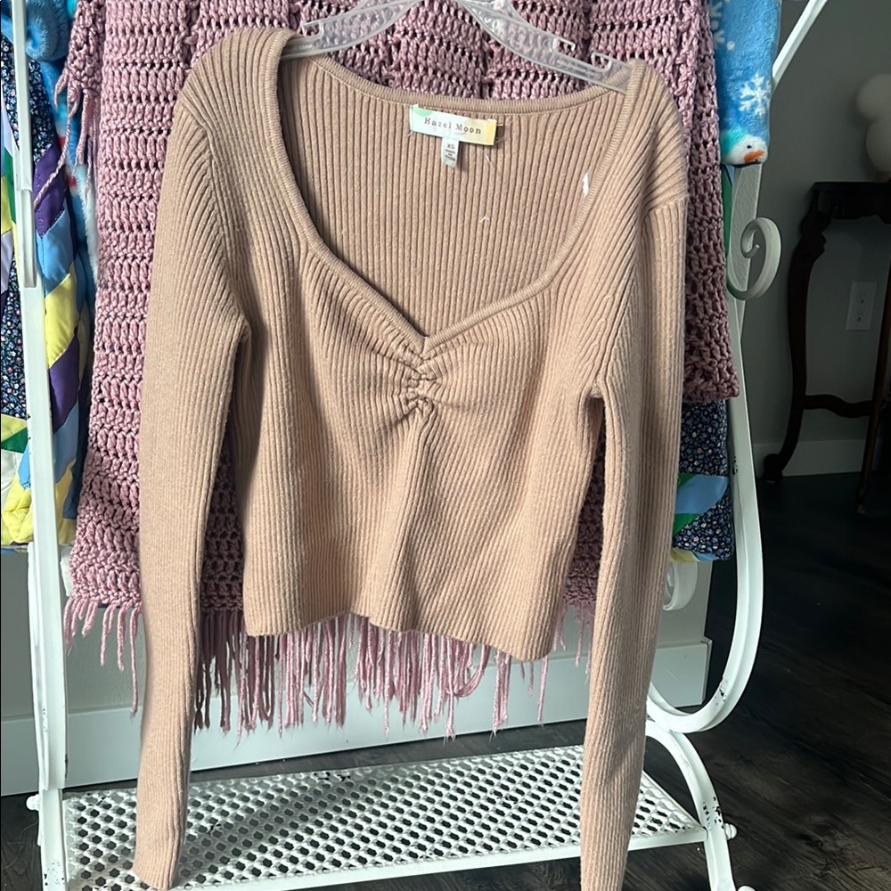 Tan V-Neck Knit Sweater with Ruched Detail